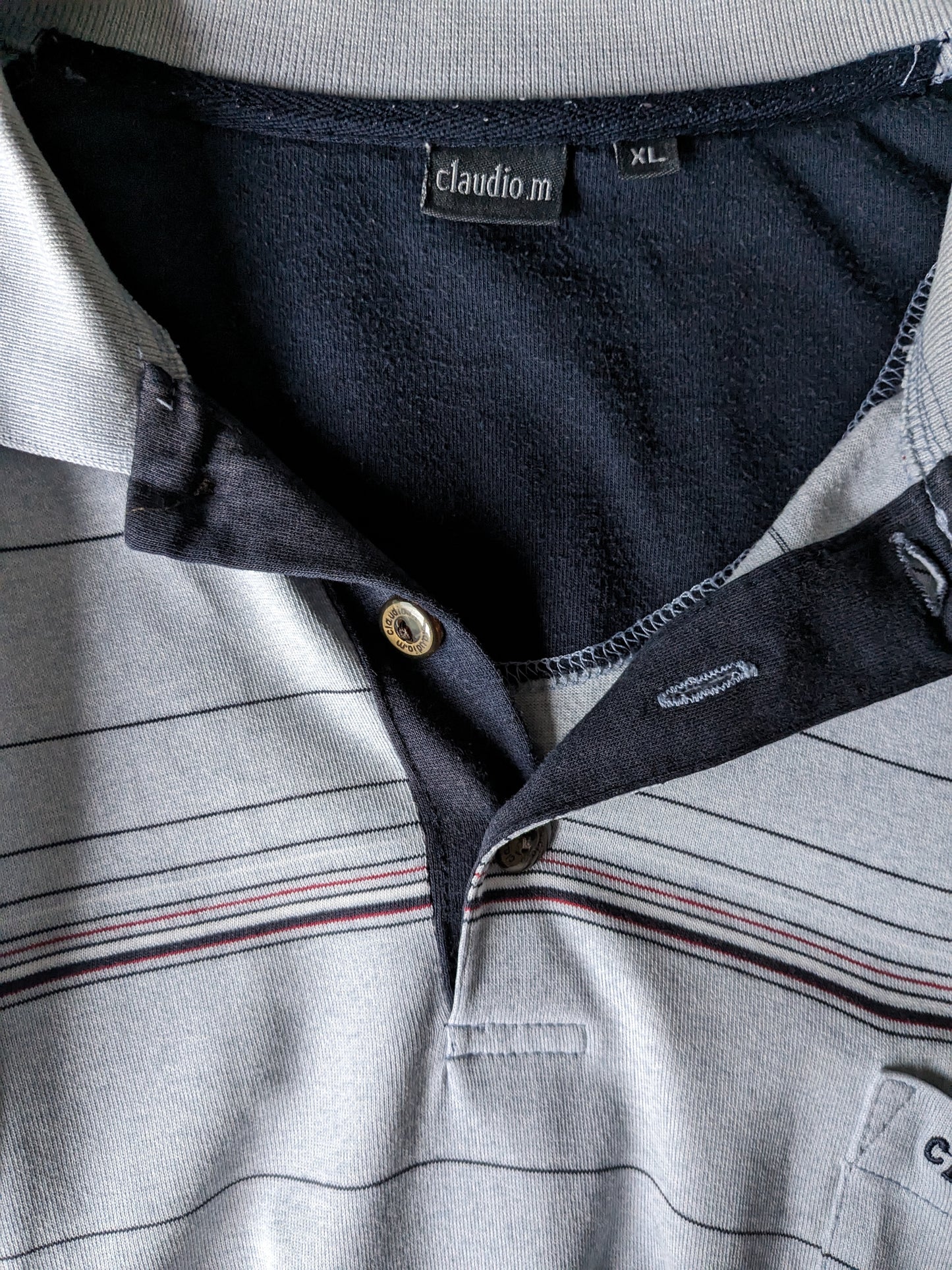 Claudio M Vintage polo met elastische band. Blauw Rood Wit gestreept. Maat XL.