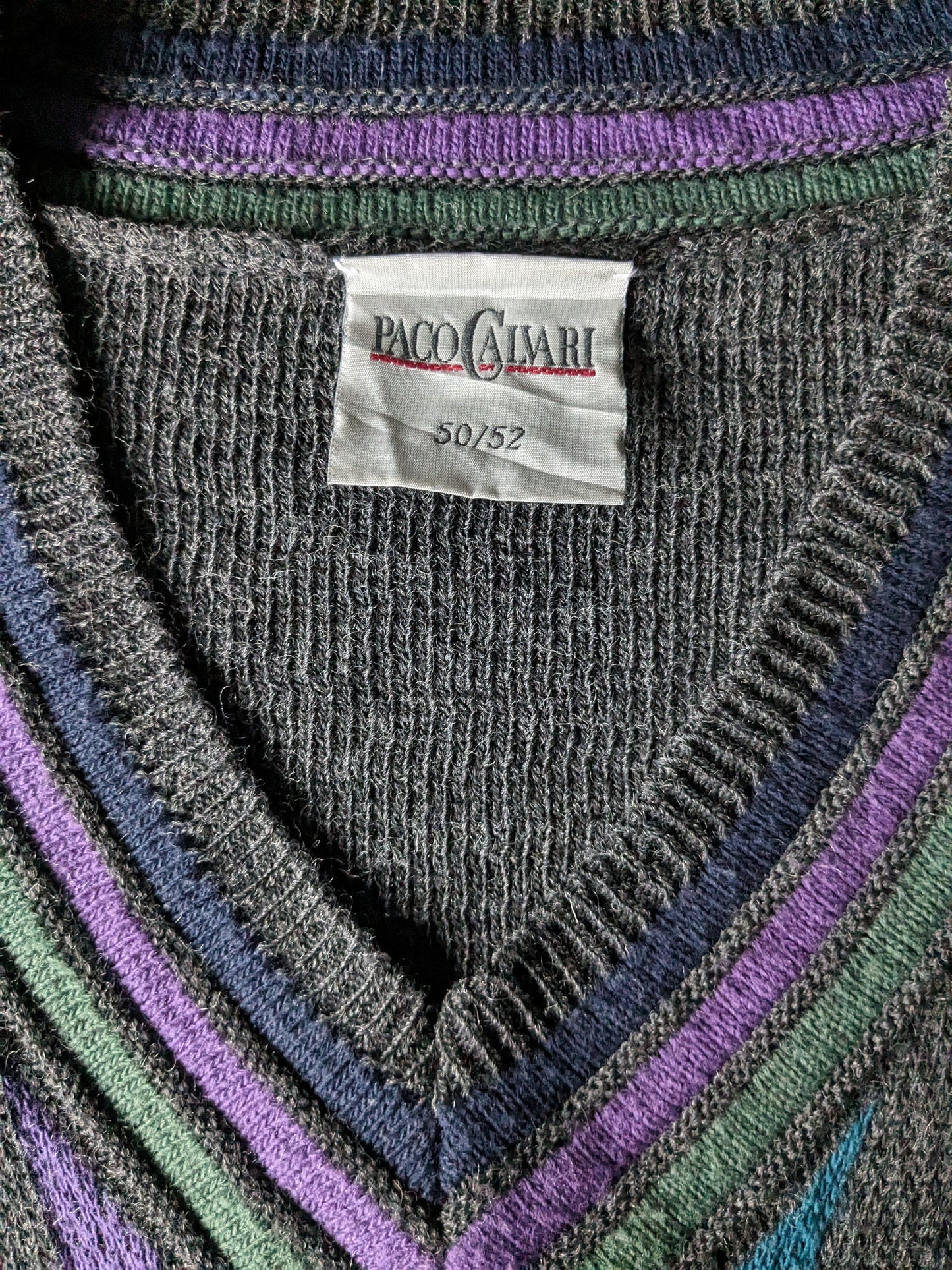 Vintage Paco Calvari Wolle-Pullover mit V-Ausschnitt. Grau grün lila rot blau gefärbt. Größe L. (50% Wolle)
