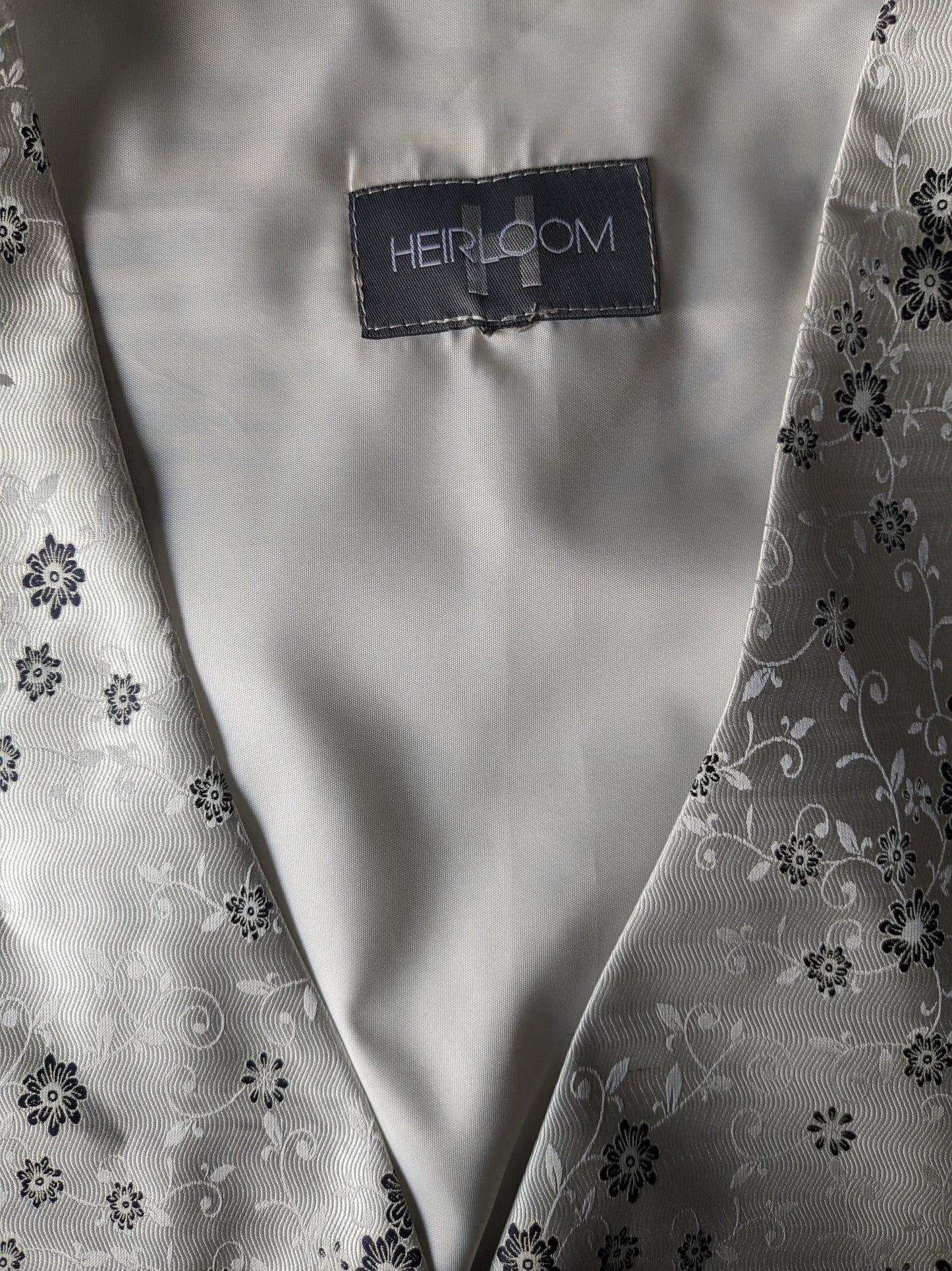 Heirloom waistcoat. Gray White Black floral. Size XL.