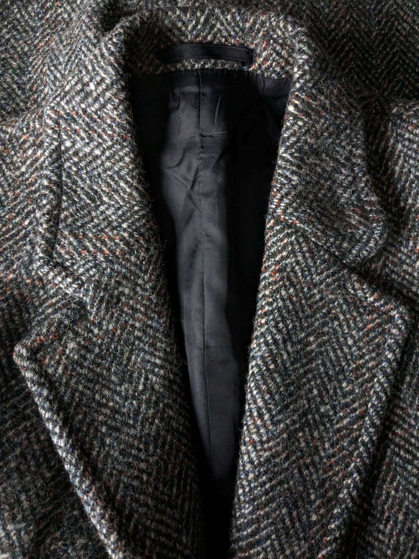 Dunn & Co 100% Wollen jas / mantel. Zwart Wit Gekleurd visgraat motief. Maat 52 / L.