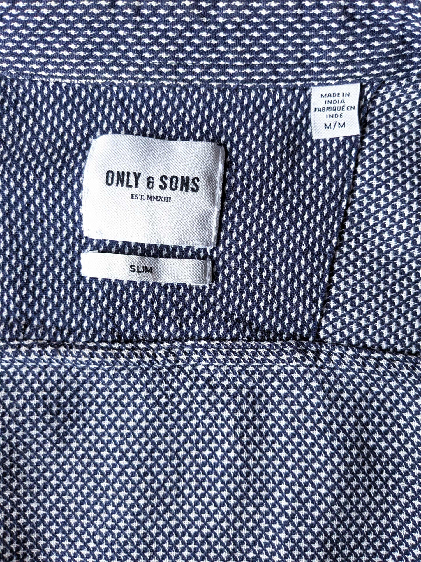 Only & Sons overhemd. Blauw wit motief. Maat M / S. Slim Fit.