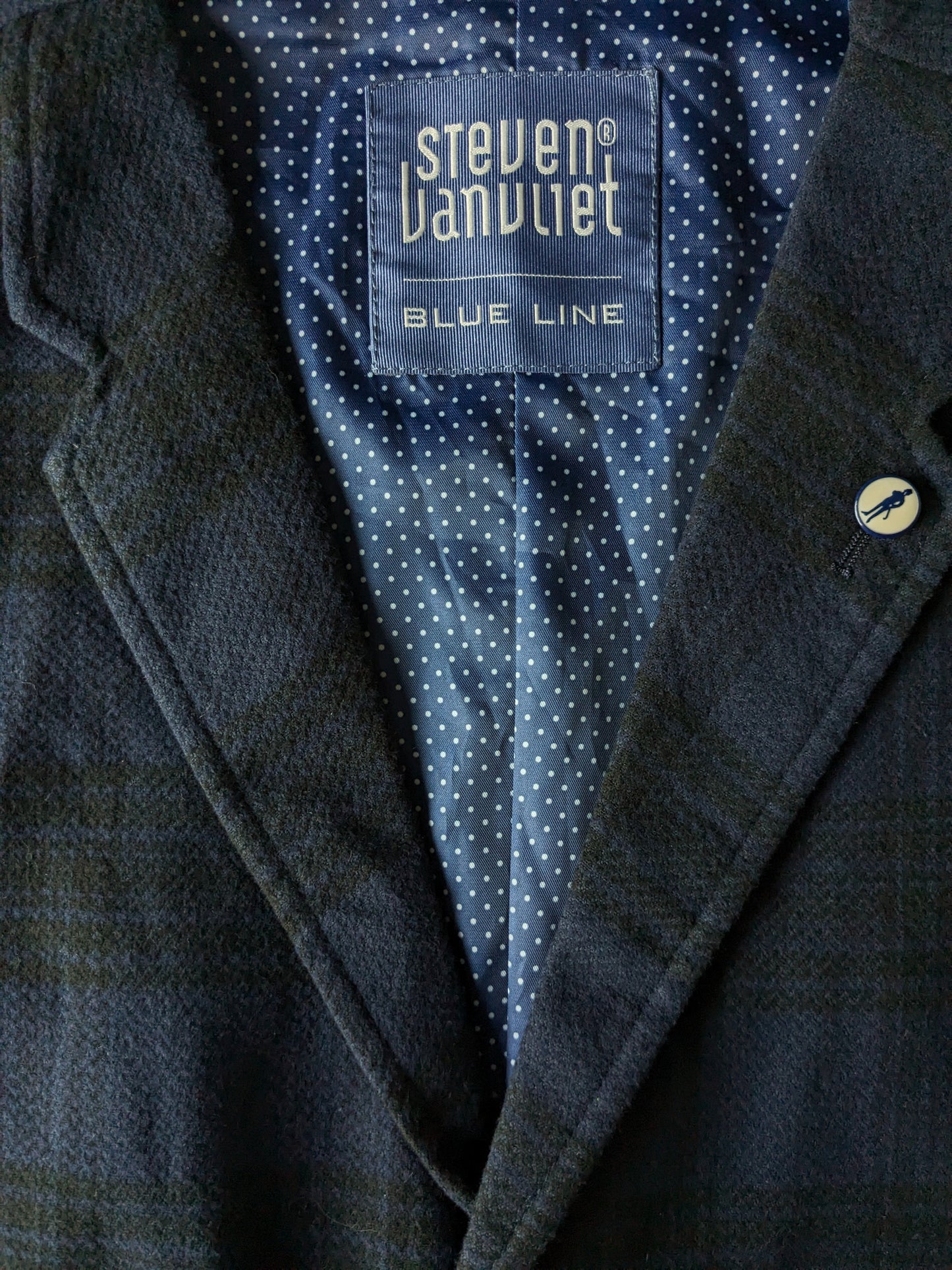Gilet Steven van Vliet Blue Line avec revers. Bleu Noir vérifié. Taille 48/M.