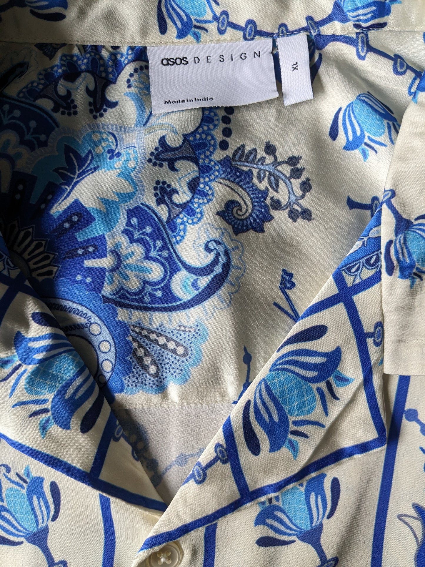 Asos Design overhemd korte mouw. Beige blauwe bloemen print. Maat XL.
