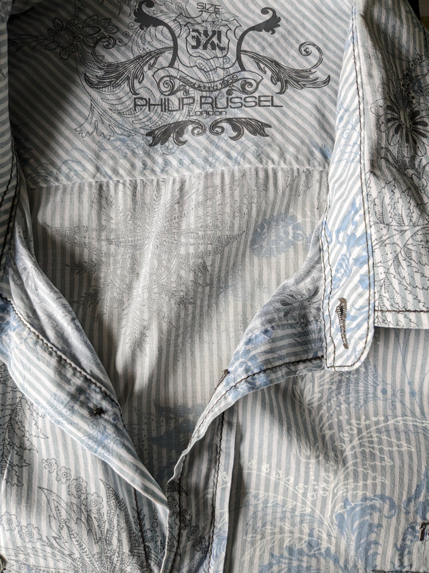 Philip Russel overhemd korte mouw. Blauw grijze print. Maat XL.
