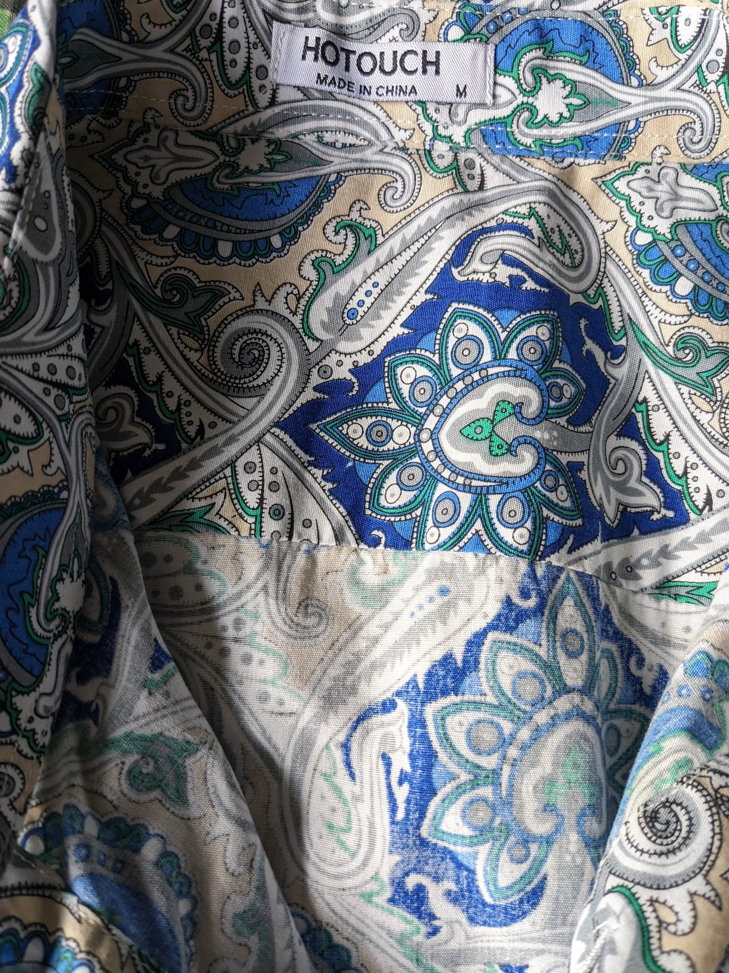 Hotouch overhemd korte mouw. Blauw groen beige print. Maat M.