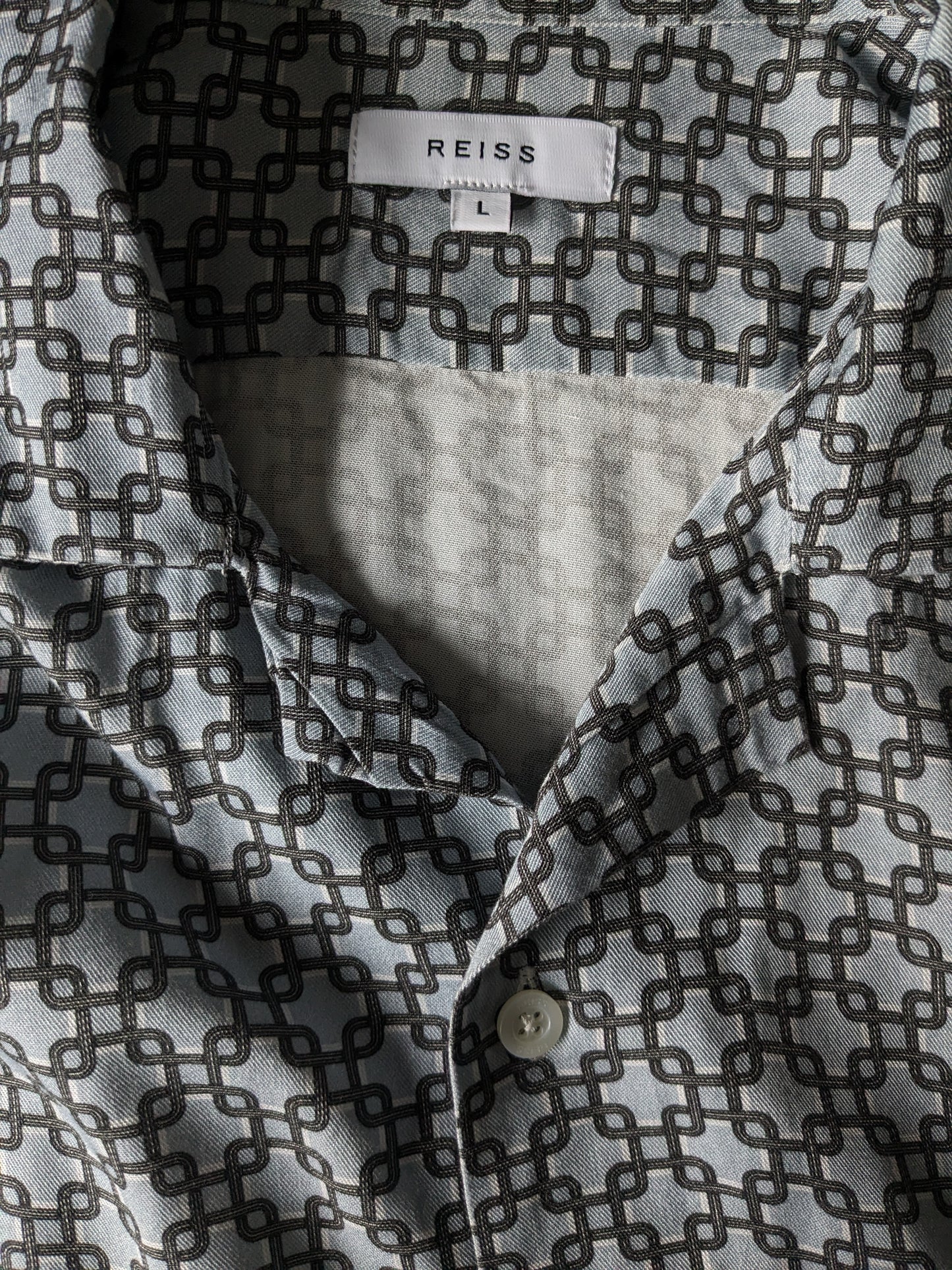 Reiss overhemd met korte mouw. Blauw zwart witte print. Maat L.