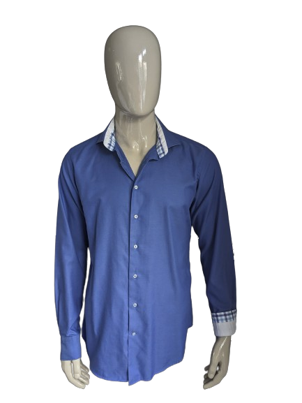 Profuomo overhemd. Blauw gemeleerd. Maat 42 L. Slim Fit. EcoGents