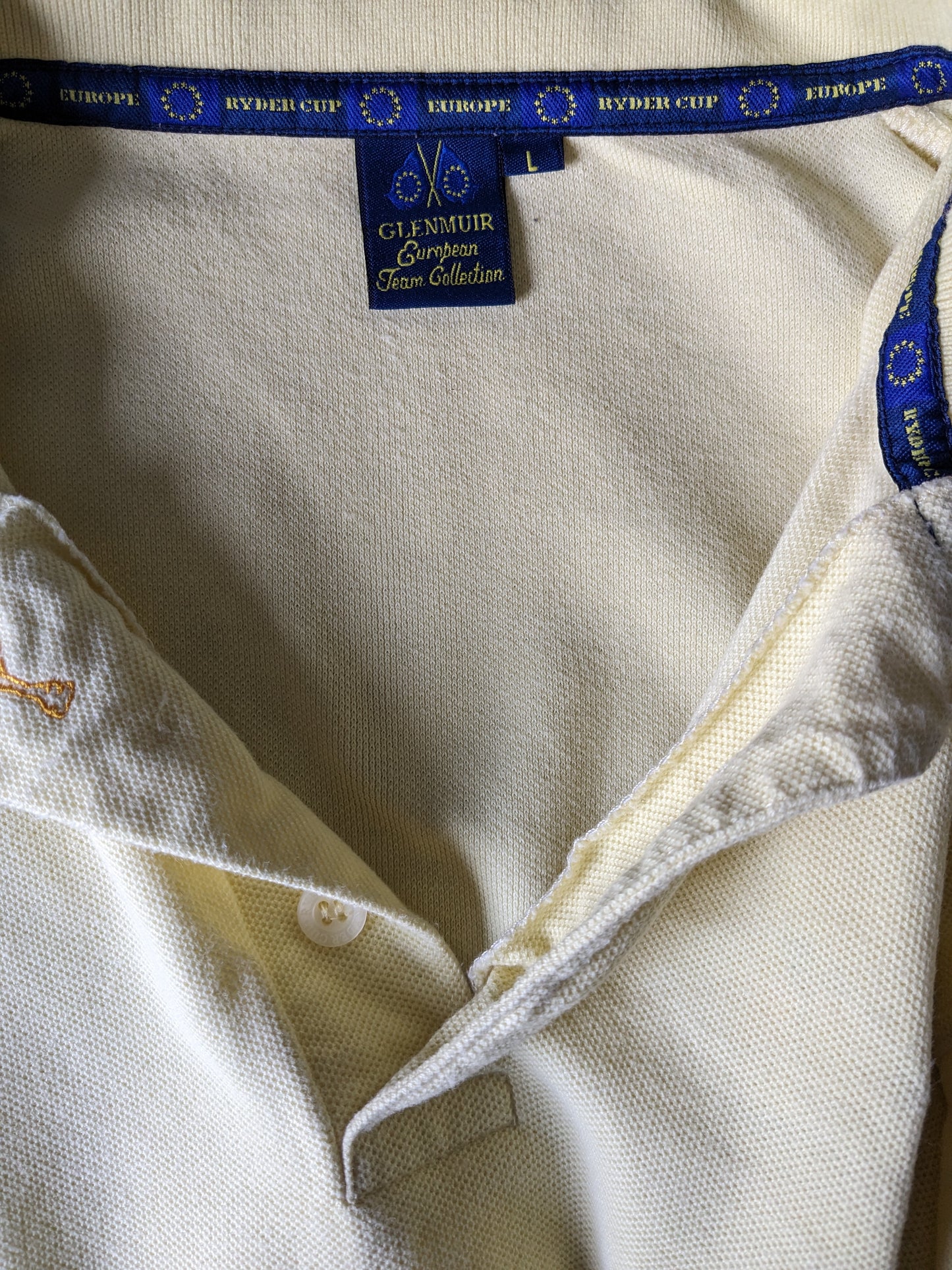 Vintage Glenmuir "Ryder Cup 97" Polo. Hellgelb gefärbt. Größe L.