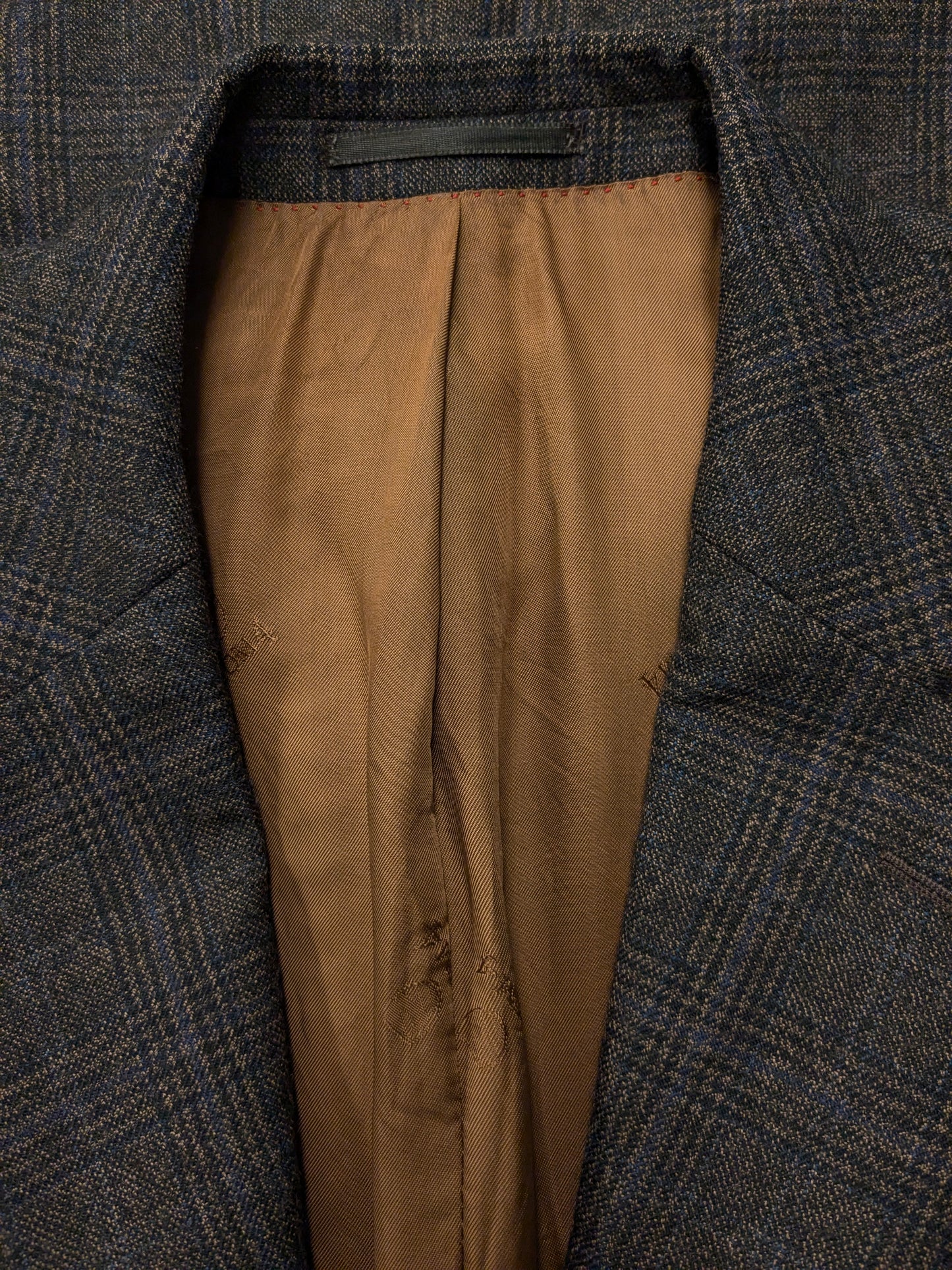 Com4 red label Wollen colbert. Donker Bruin Blauw geruit. Maat 52 / L.