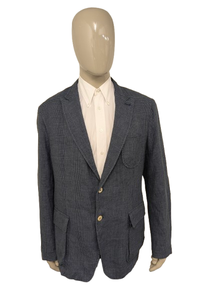 Massimo Dutti -Leinenjacke mit Ellbogenflecken. Graublau überprüft. Größe 56 / xl. 48% Leinen.