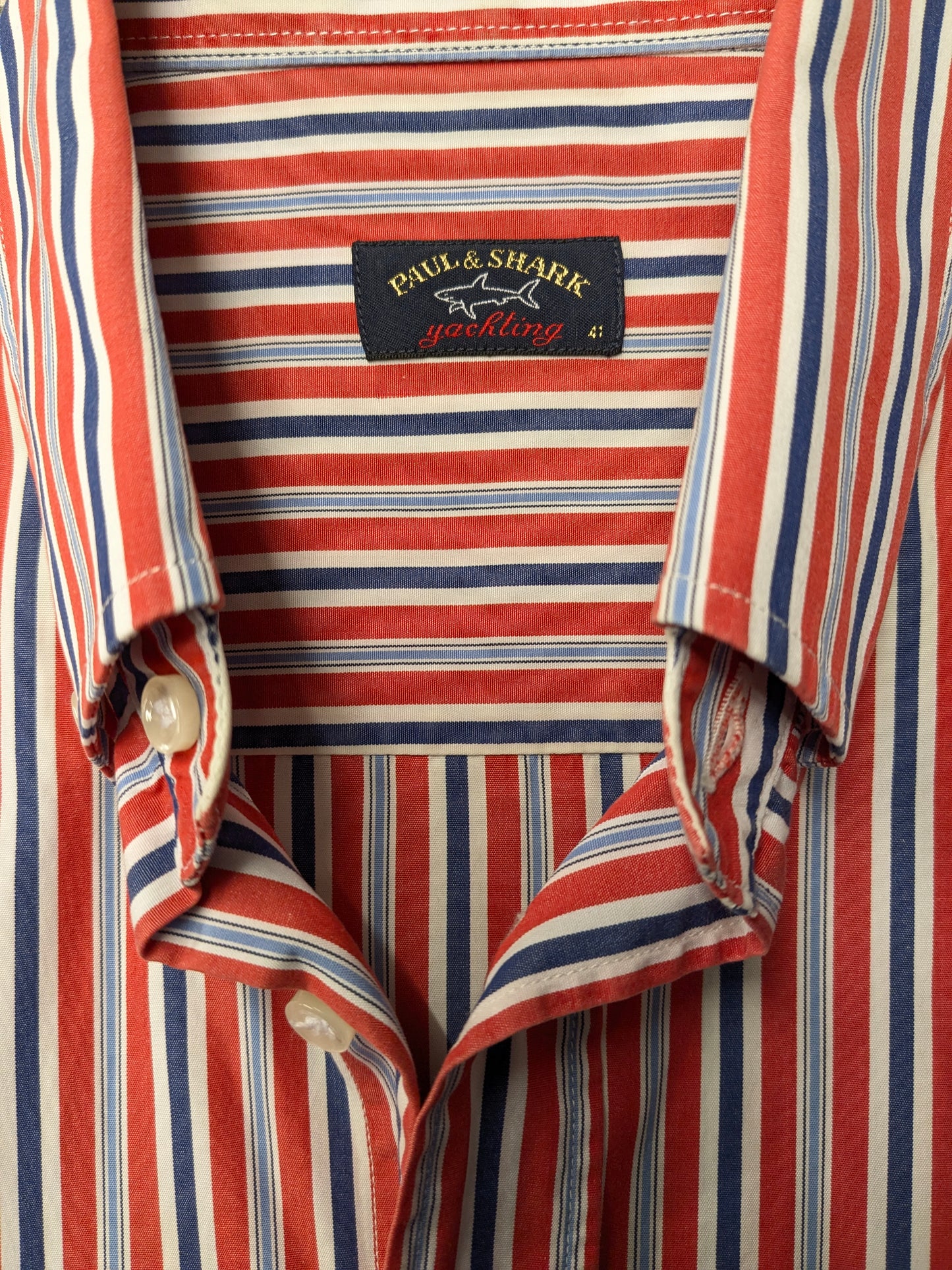 Paul & Shark Shirt Short Maniche. Strisce blu bianco rosa. Dimensione 41 / L.