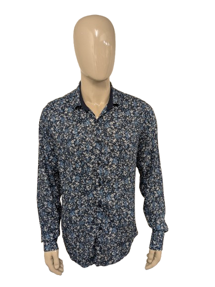 Leif Nielson overhemd. Blauwe bloemen print. Maat XL. stretch.