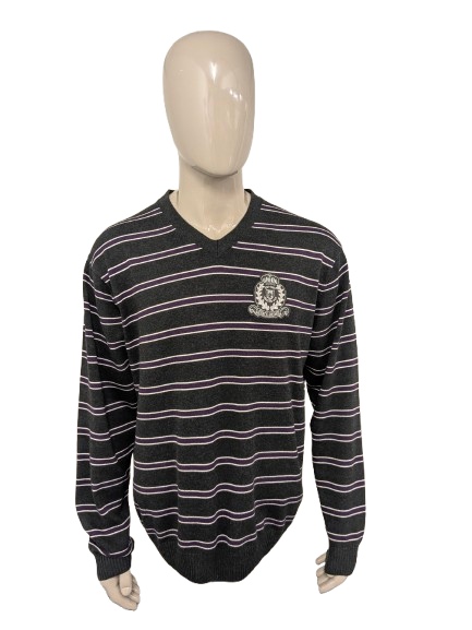 State of Art trui met V-Hals. Grijs Wit Paars gestreept. Maat XL. Modern Classics.