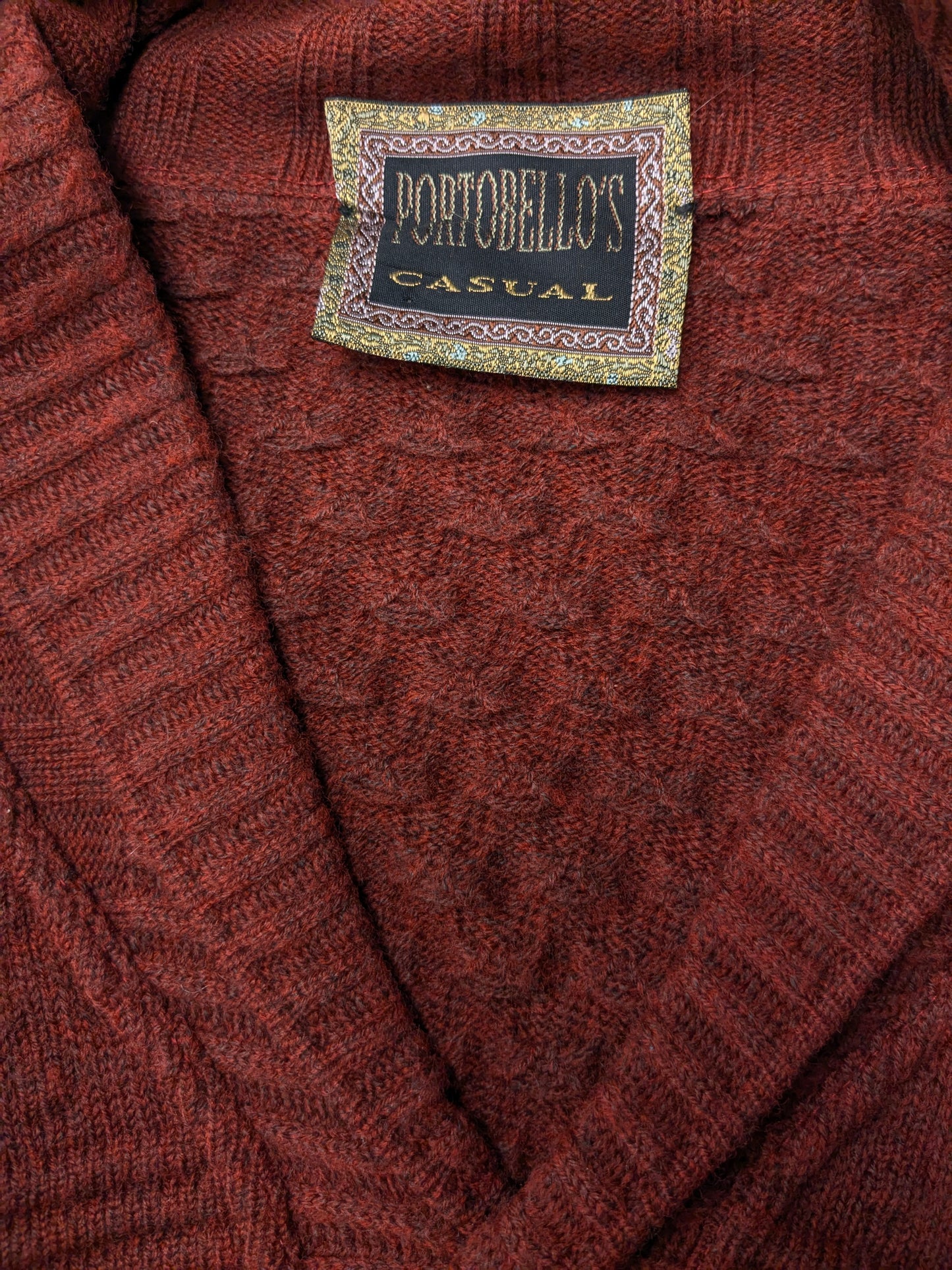 Suéter de lana de Portobello vintage con botones. De color rojo/verde marrón. Tamaño xl. 55% de lana.
