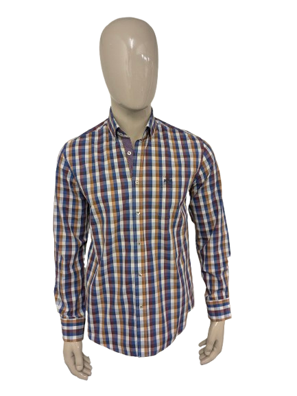 State of Art overhemd. Bordeaux Blauw Bruin geblokt. Maat M. regular fit.