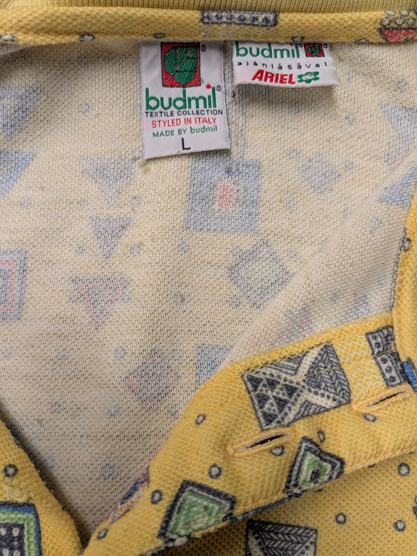 Vintage Budmill Polo. Yellow colored print. Size L.