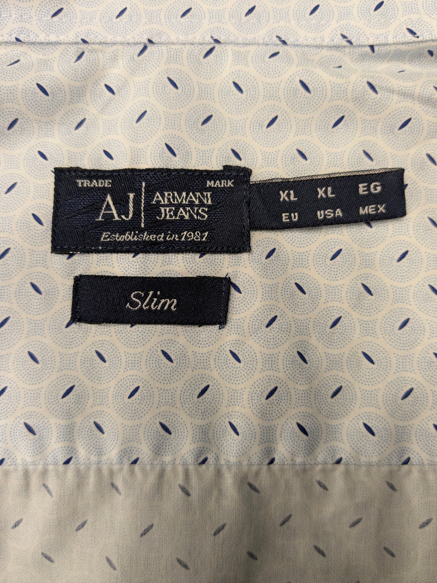 AJ Armani Jeans shirt. Light blue white print. Size XL. Slim fit.