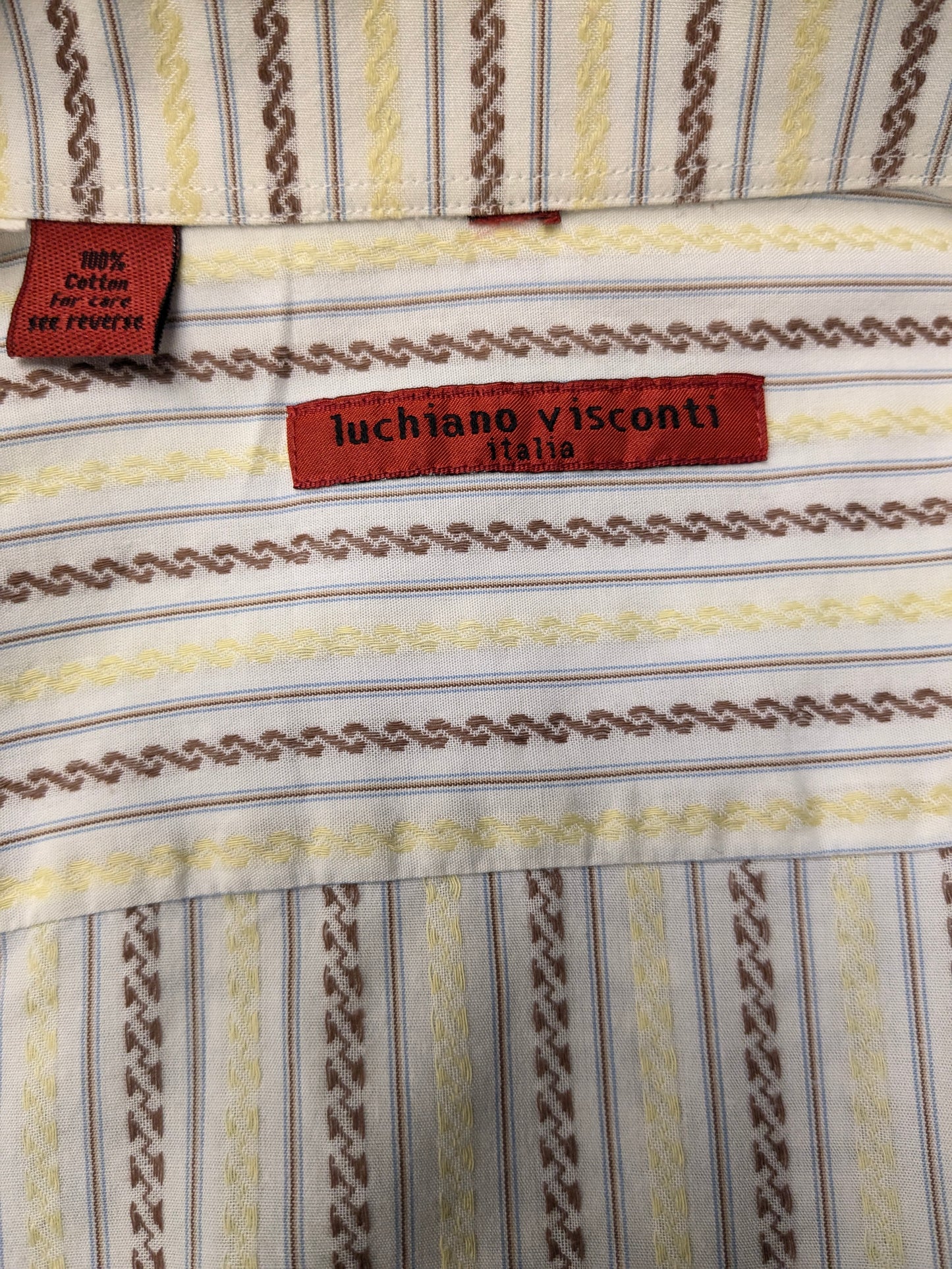 Vintage Luciano Visconti overhemd. Geel Bruin Beige print. Maat XL. type manchetknoop.