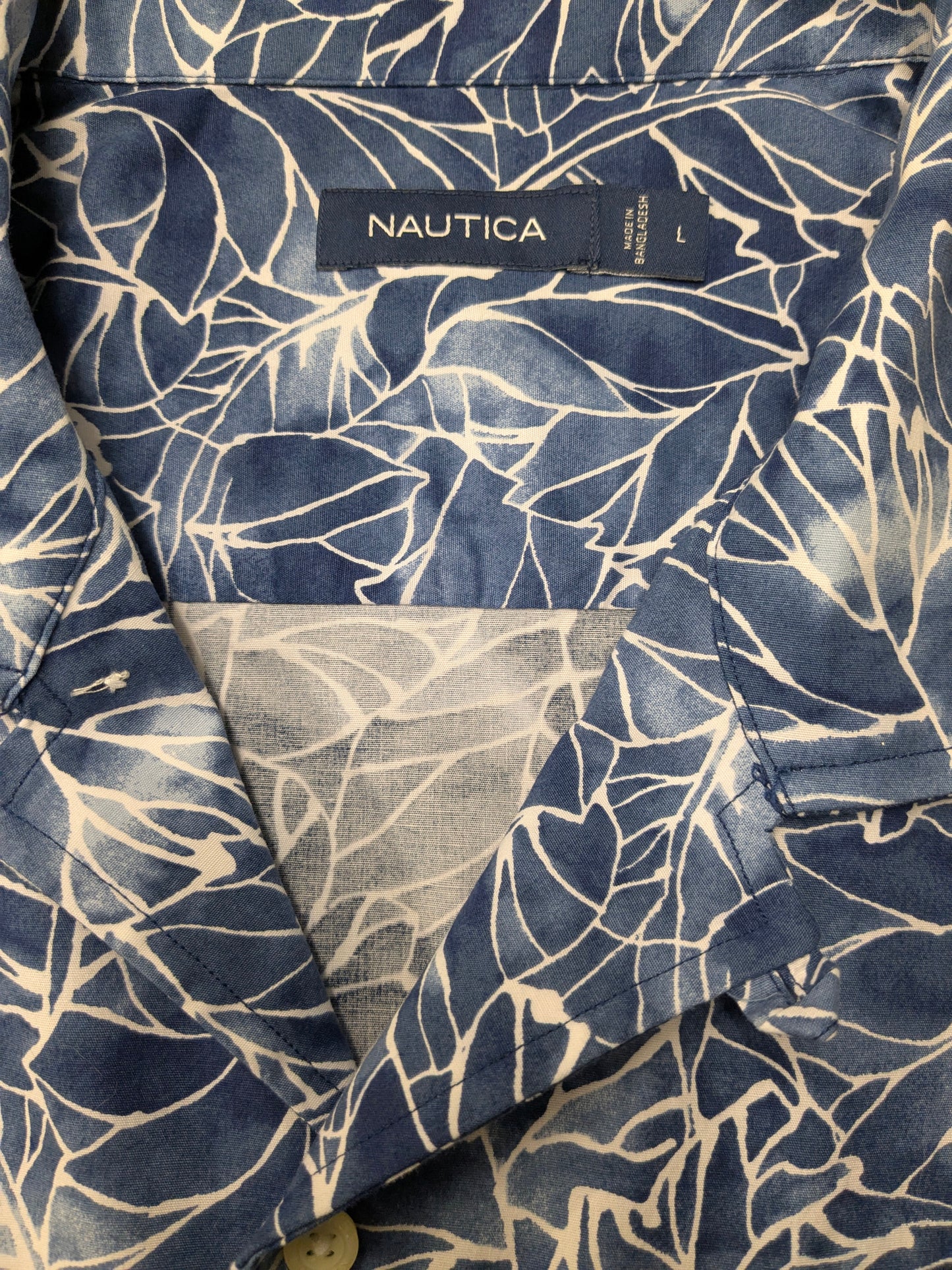 Nautica overhemd korte mouw. Blauw Witte print. Maat L.