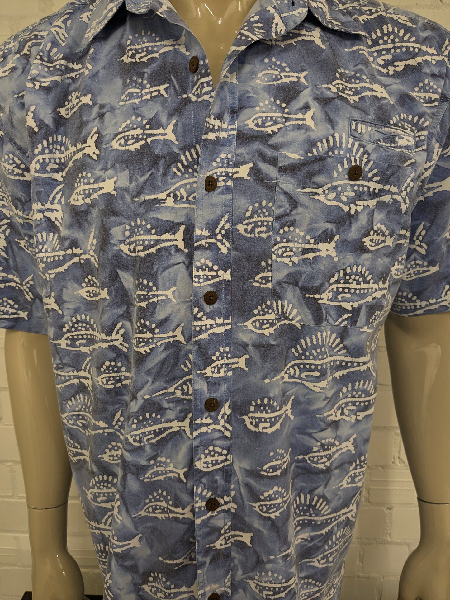 Vintage Flyshacker Hawaii Camiseta Camiseta corta. Estampado blanco azul. Tamaño xl.