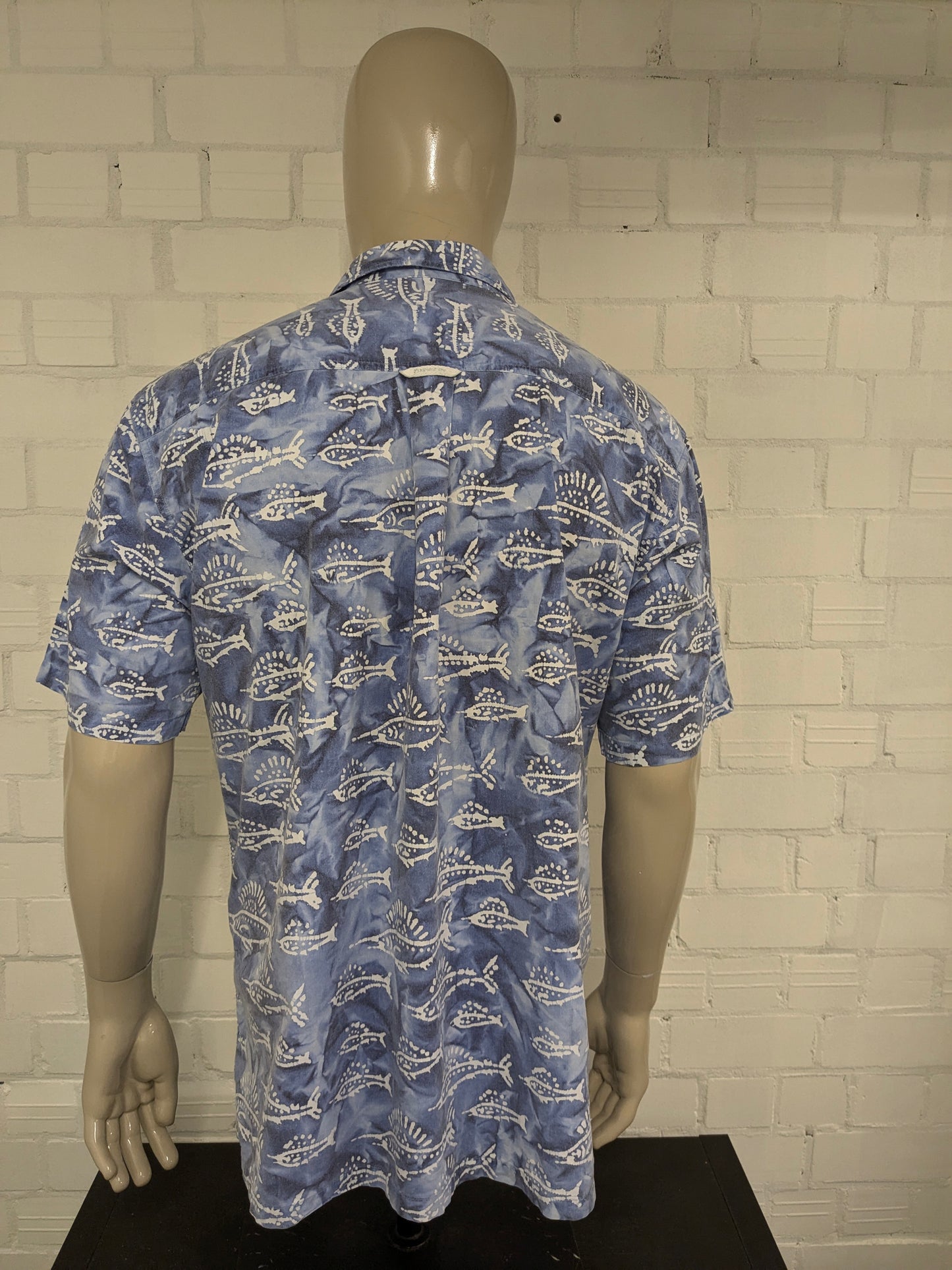 Vintage Flyshacker Hawaii Camiseta Camiseta corta. Estampado blanco azul. Tamaño xl.