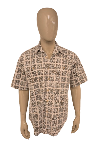 Camiseta de lino Cambridge Cambridge Camina corta. Impresión beige verde. Tamaño M / L. 55% de lino.