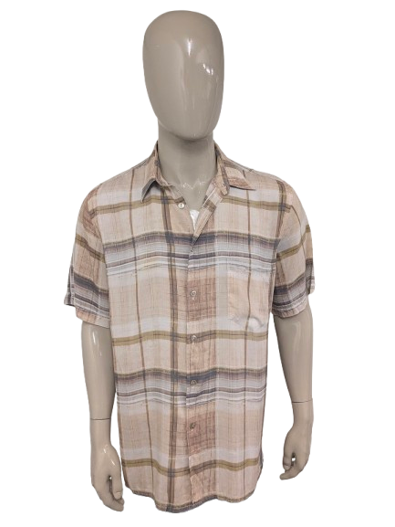 Peter Brown Shirt short sleeve. Beige green brown print. Size XL.