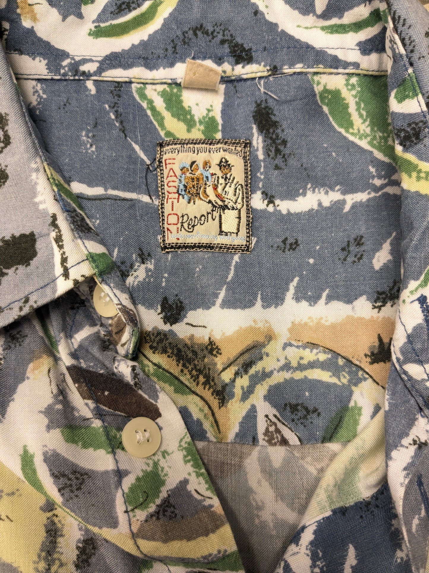 Vintage Fashion Report overhemd korte mouw. Groen Blauw Bruine print. Maat L.