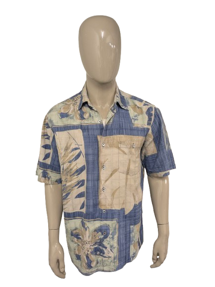 Tori Richard Silk Shirt Short Sleeve. Beige blue green print. Size L / XL.