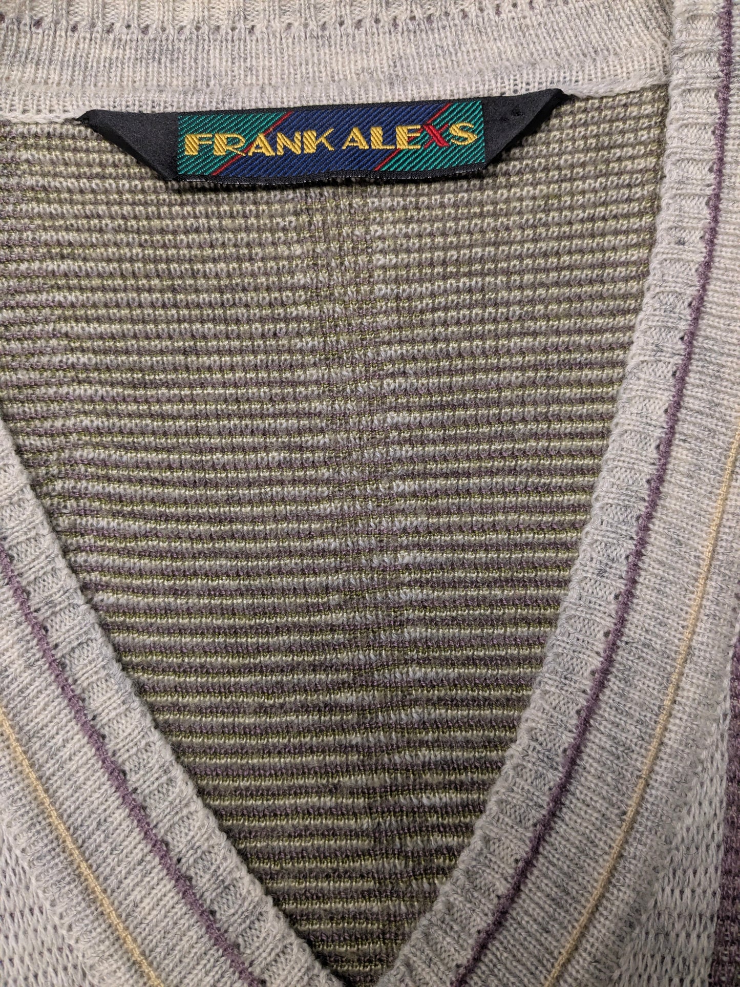 Lana vintage Frank Alexs Spencer con scollo a V. Viola giallo verde beige colorato. Taglia XL.