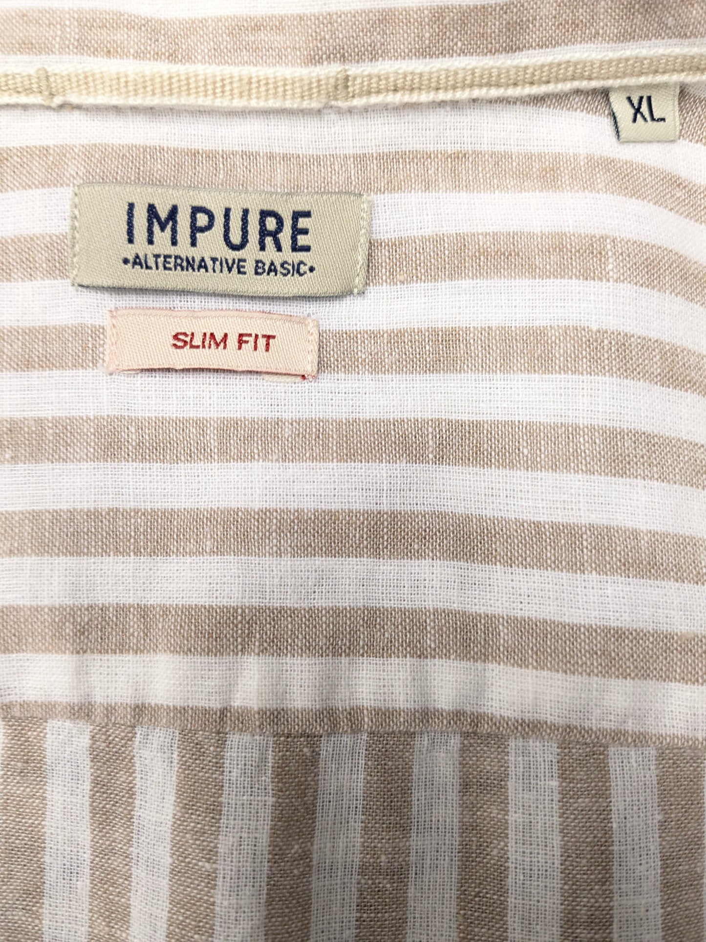Impure Linnen overhemd. Bruin Wit gestreept. Maat XL. Slim Fit.