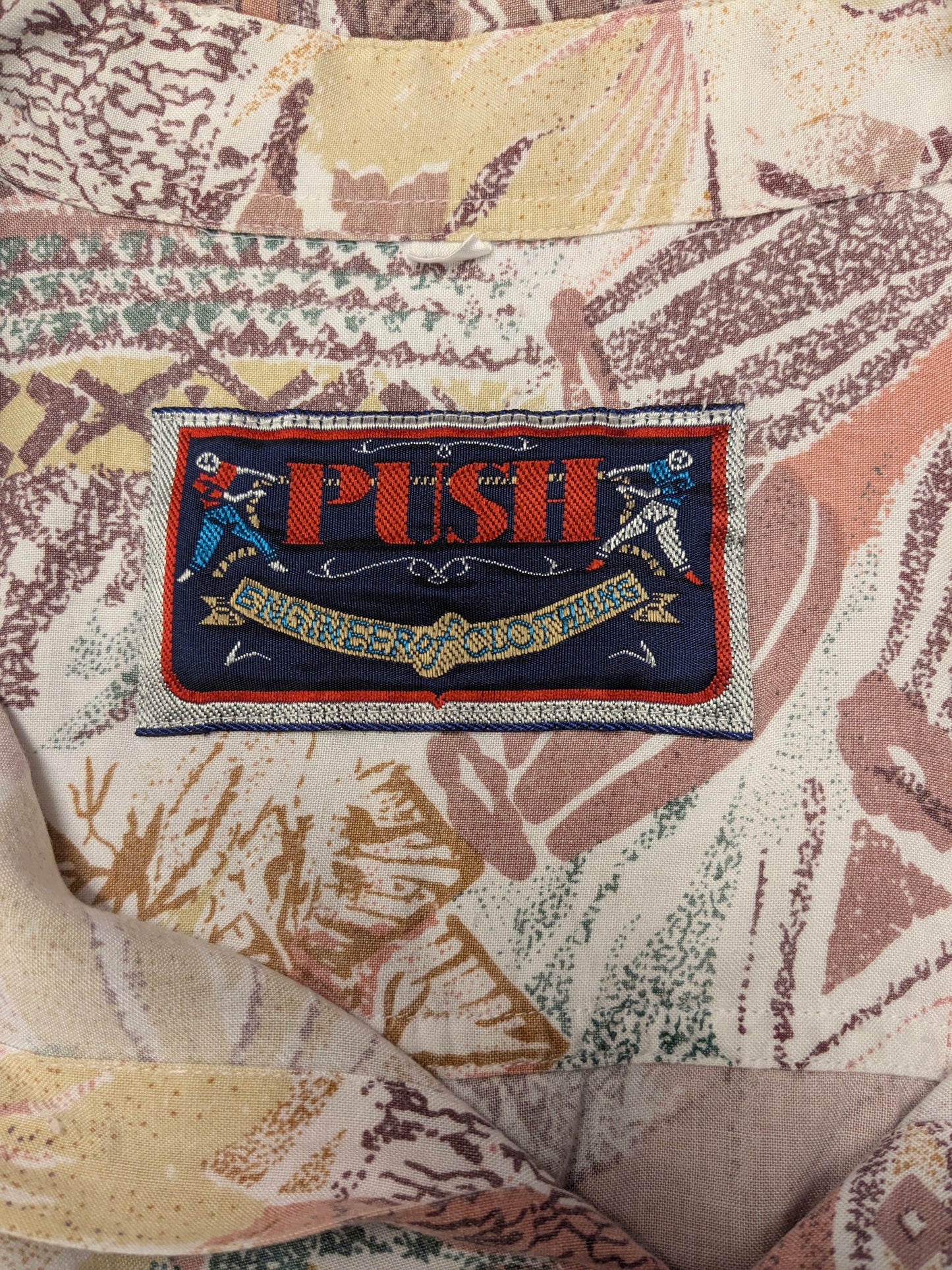 Camisa de empuje vintage 80-90 manga corta. Estampado morado verde rosa. Tamaño 3xl / xxxl.