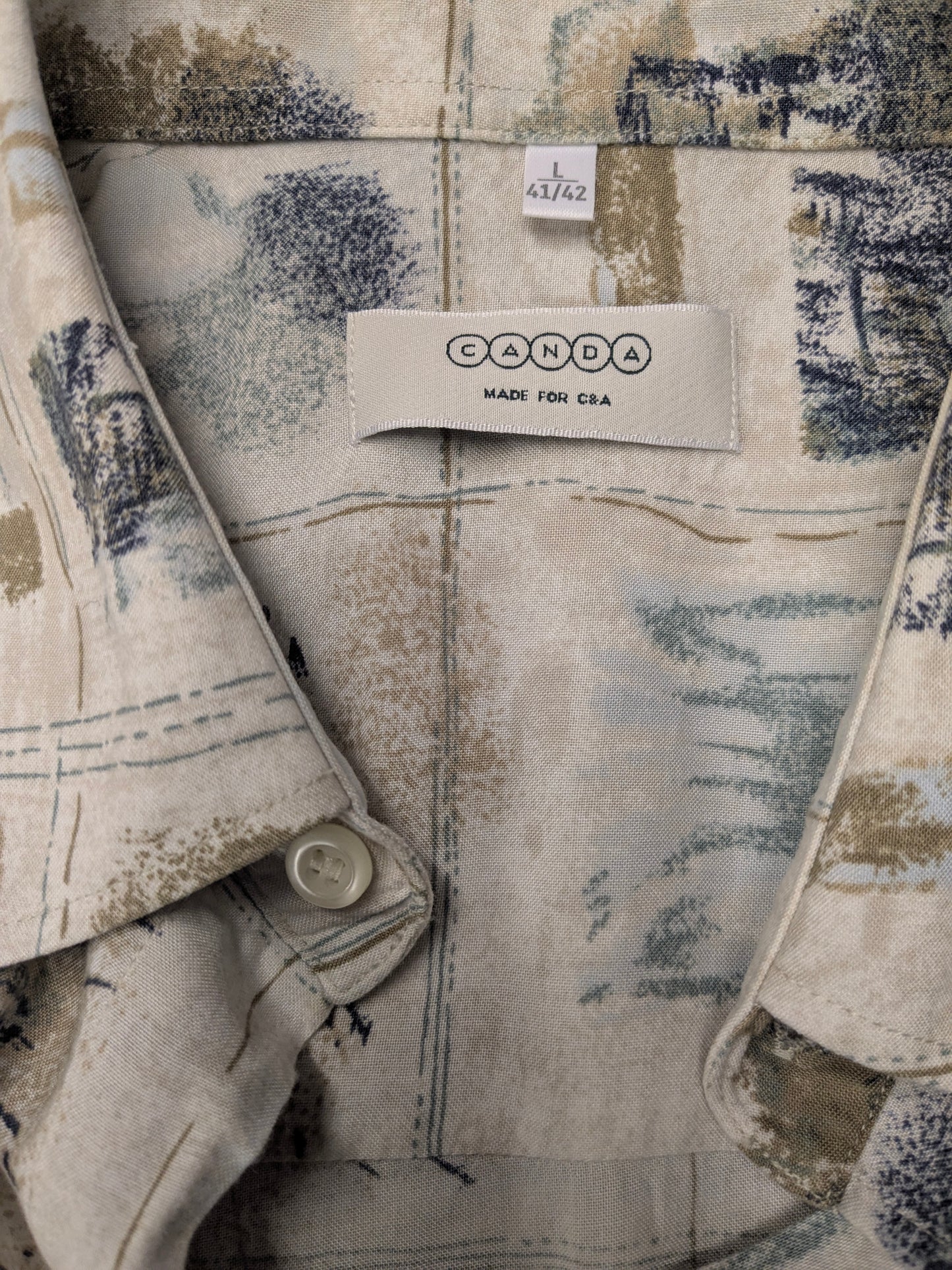 Vintage Cela Cela Cela Cela Manga corta. Impresión azul verde beige. Tamaño xl.