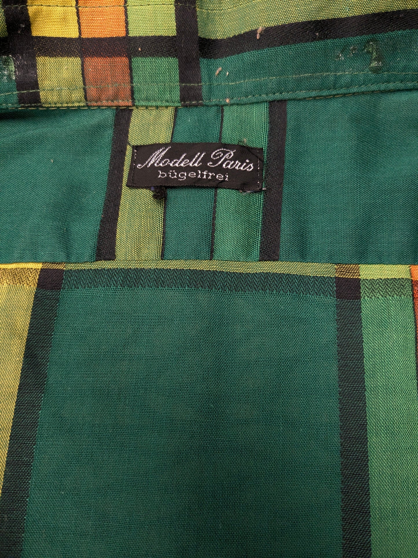 Vintage 70's Modell Paris shirt with point collar. Green yellow orange black checked. Size L.