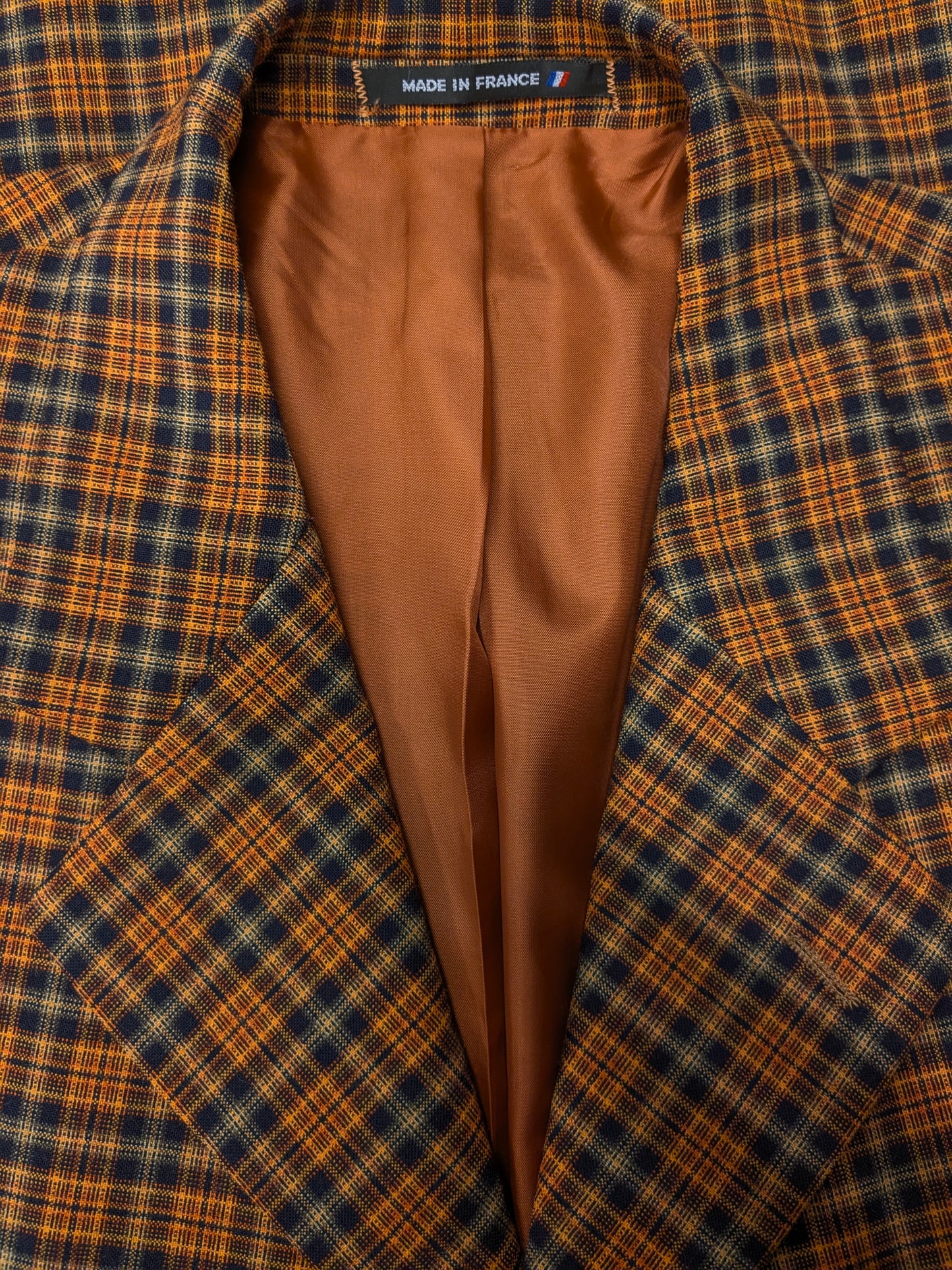 Veste en laine vintage Mister Factice. Orange jaune noir vérifié. Taille 56 / XL.