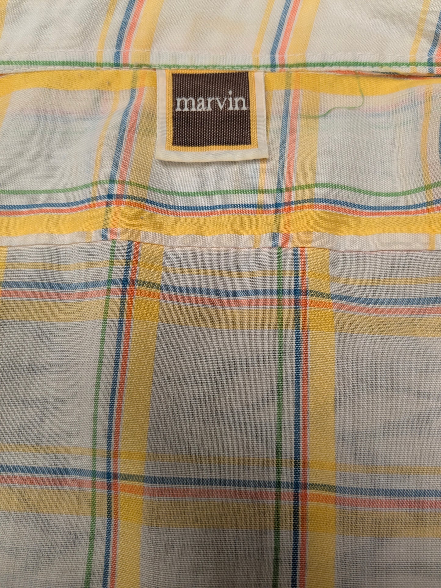 Vintage 70's Marvin shirt with point collar. Yellow blue beige checker. Size XL.