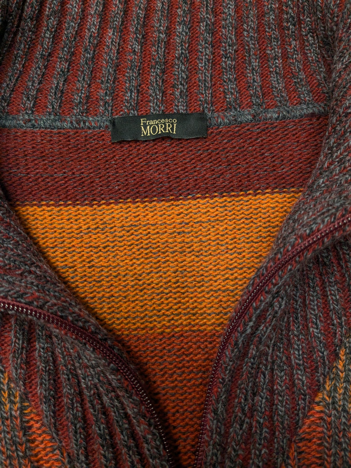 Vintage Francesco Morri Wollen trui met rits. Rood Oranje Grijs gekleurd. Maat XL. 50% Wol.