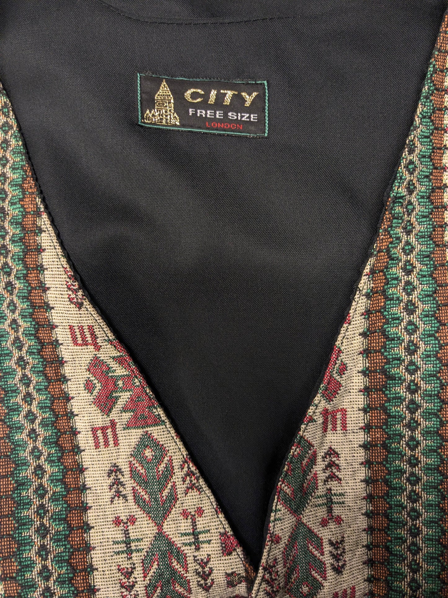 Vintage city waistcoat. Green red orange motif. Size L.
