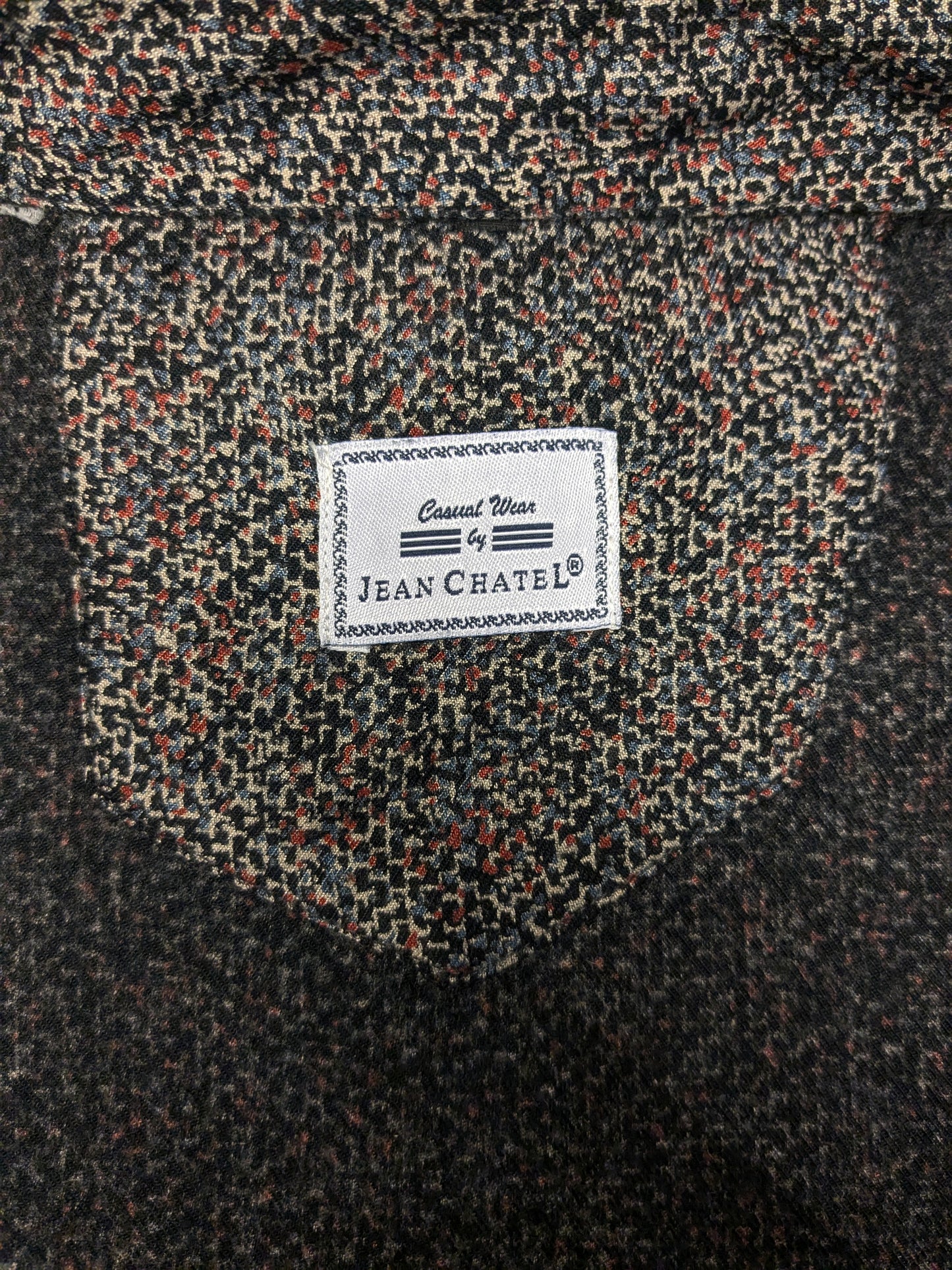 Chemise vintage Jean Chatel. Imprimé brun bleu noir rouge. Taille 2xl / xxl.