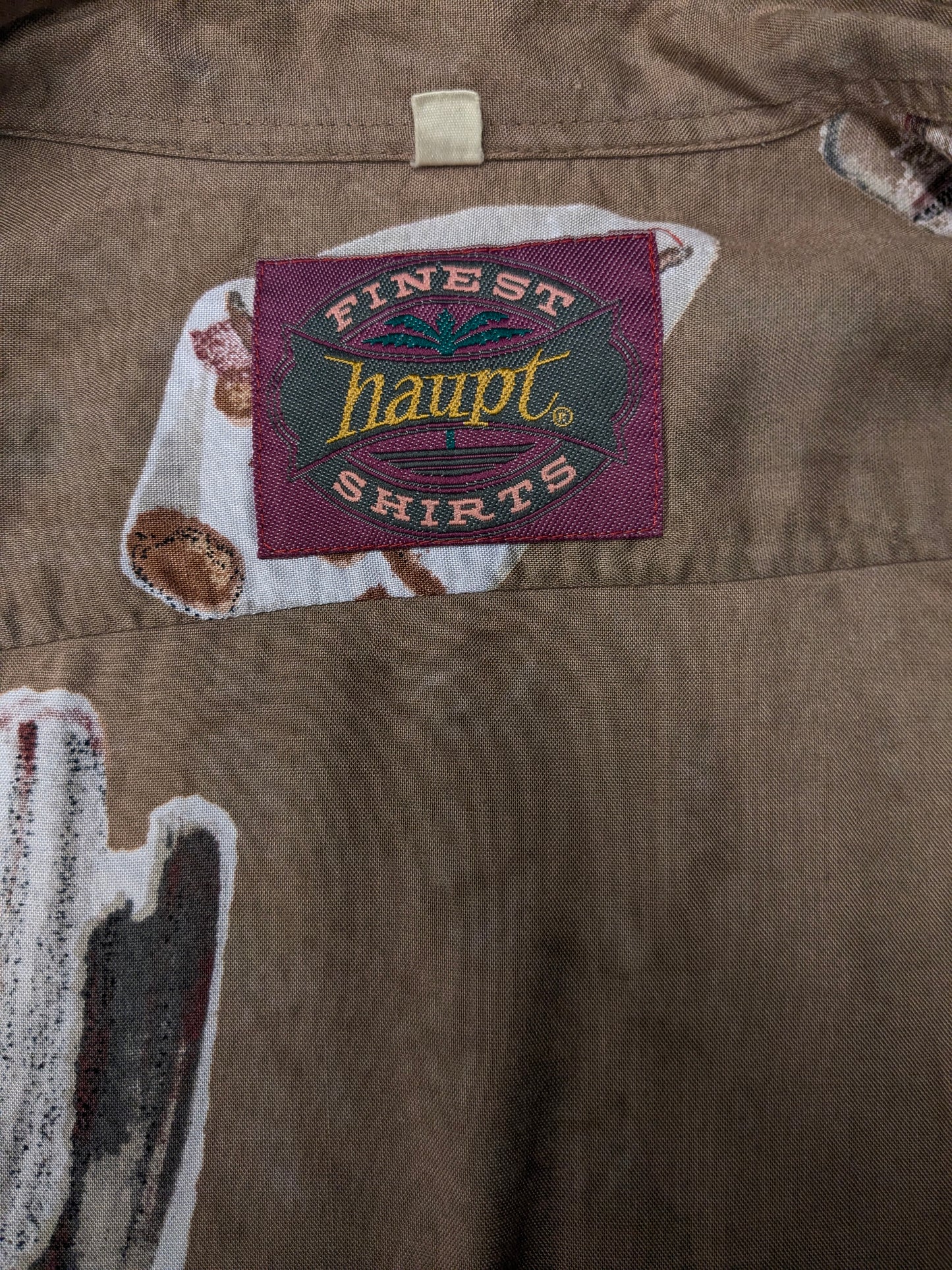 Vintage 80-90's Haupt overhemd .Bruin Grijs Rode print. Maat 2XL / XXL.