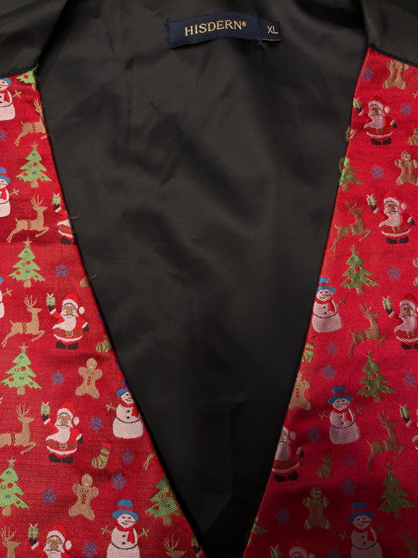 Hisdern "Christmas / Santa Claus" waistcoat. Red green Christmas print. Size XL.