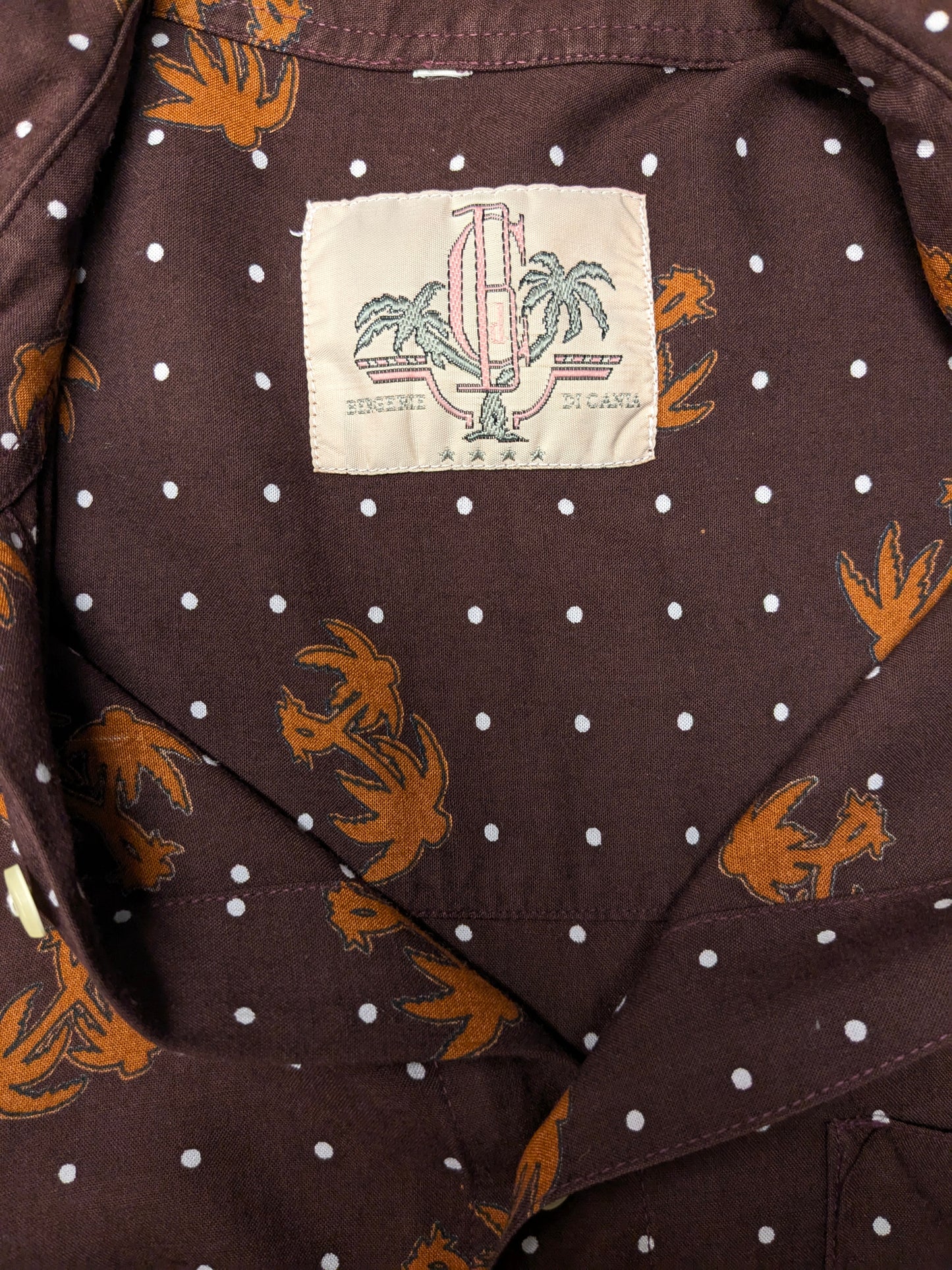 Vintage Bergerie di Cania Hawaii overhemd korte mouw. Bruine palmbomen print. Maat XL.