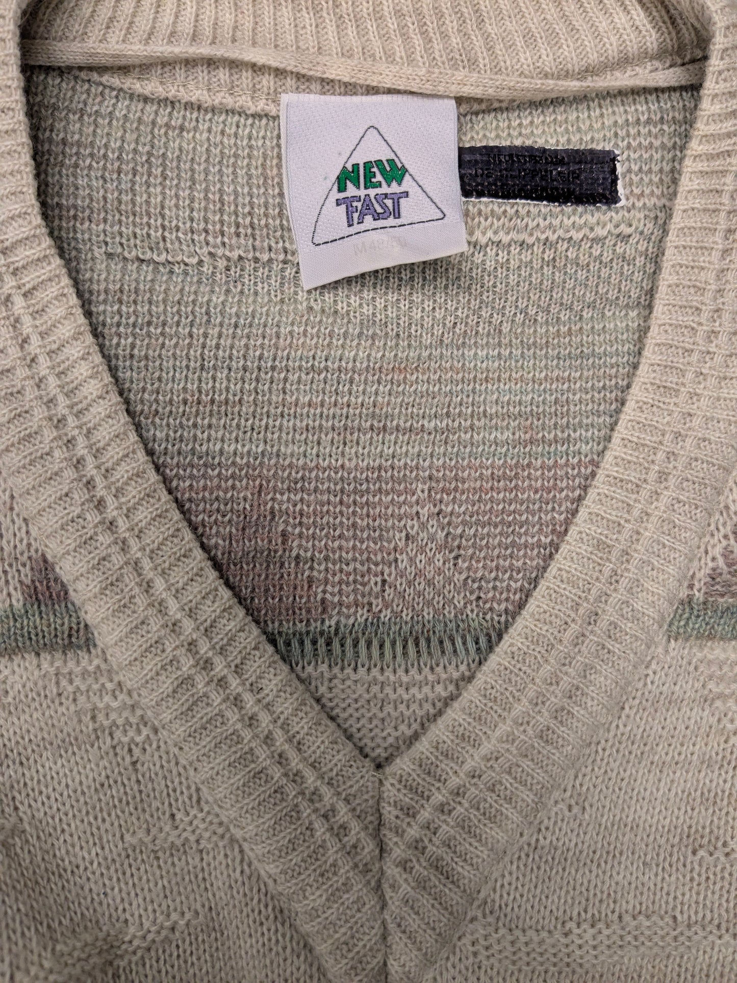 Nuovo maglione di lana veloce vintage con scollo a V. Blu verde color lilla a beige. Dimensione L. 30% lana.