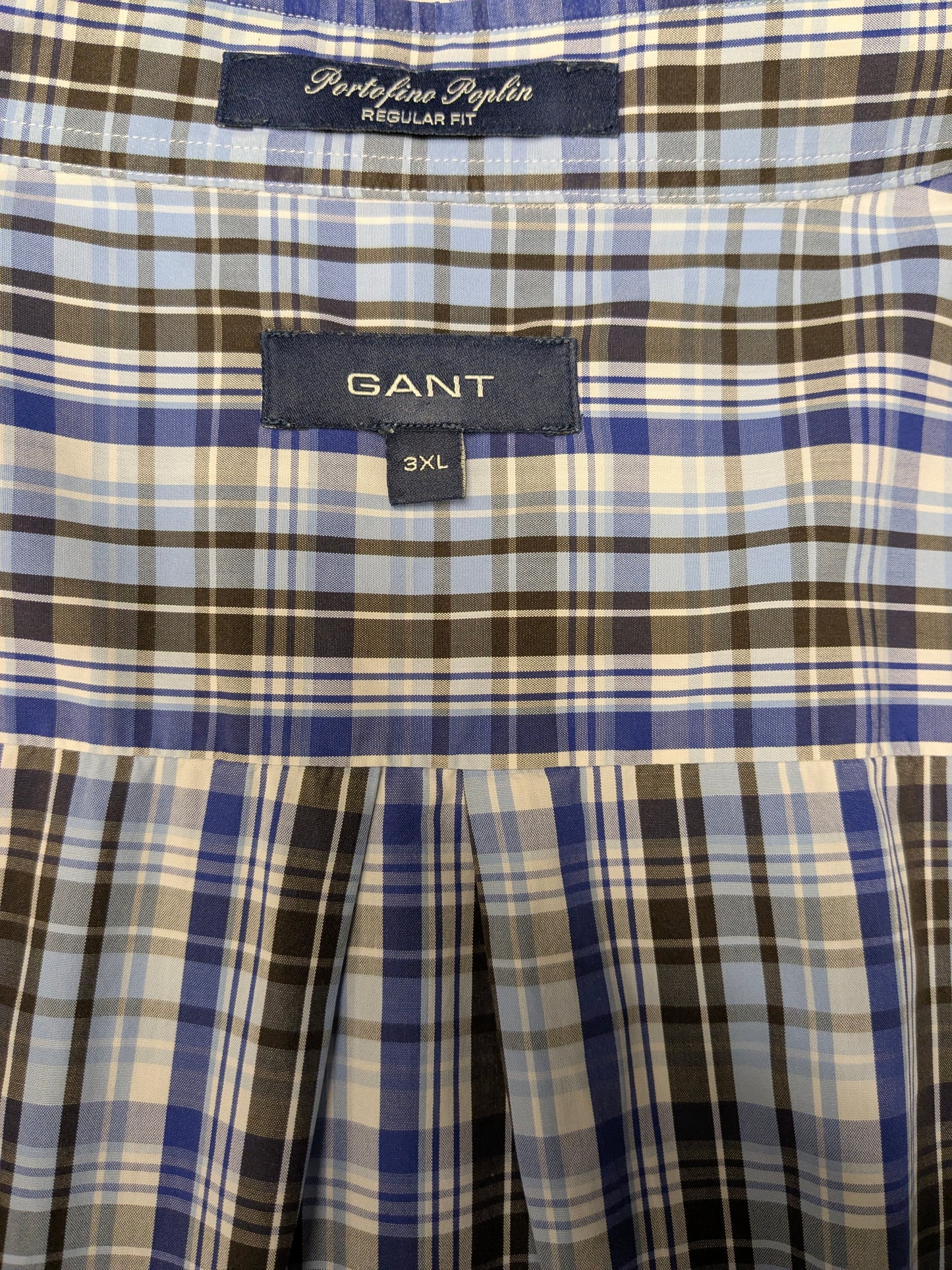 Chemise gant. Brun blanc bleu vérifié. Taille 3xl / xxxl. Tapez Portofino Poplin. Ajustement régulier.