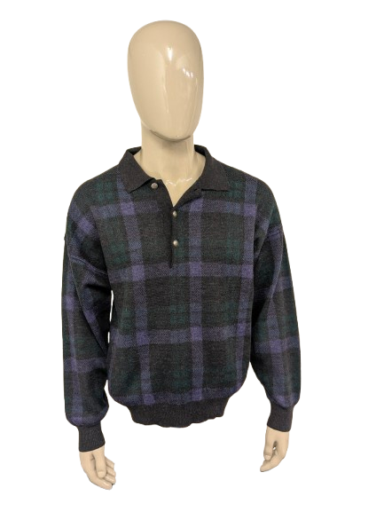 Vintage alpaca woolen jockey polo sweater with beautiful buttons. Purple gray green colored. Size XL.