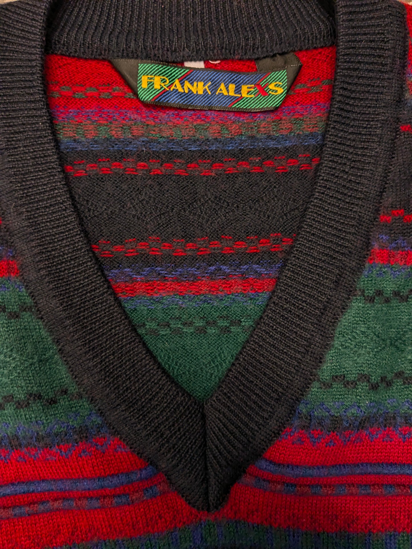 Vintage Frank Alexs Wollen trui met V-Hals. Rood Groen Blauw gekleurd. Maat XL. 50% Wol.