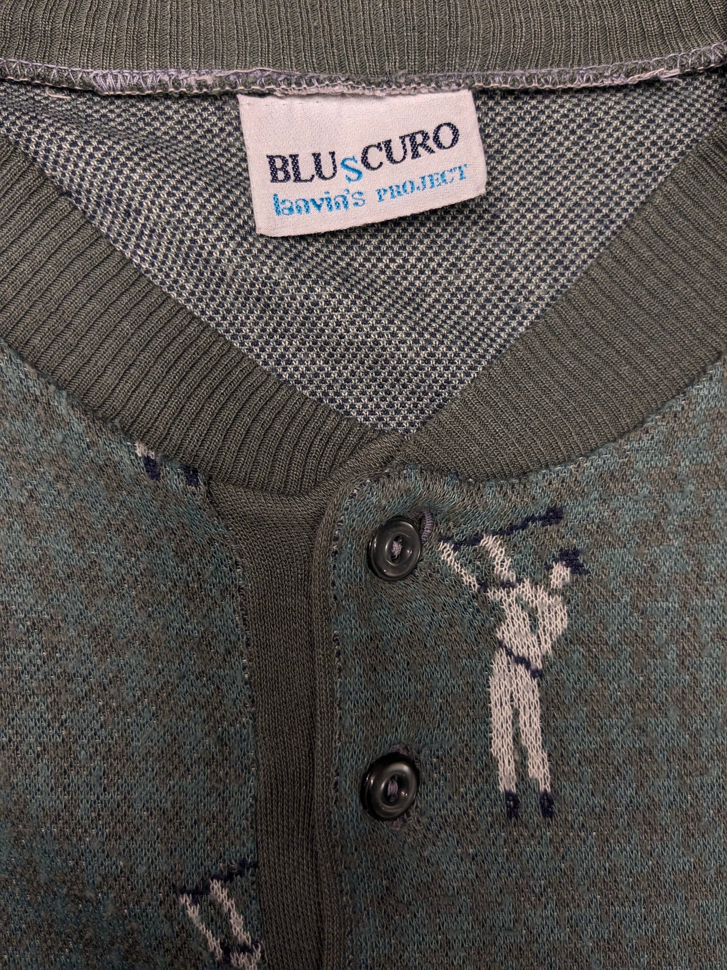 Vintage Fire Curo Lanvin's Project Pull avec boutons. Modèle de golf gris vert blanc. Taille L.