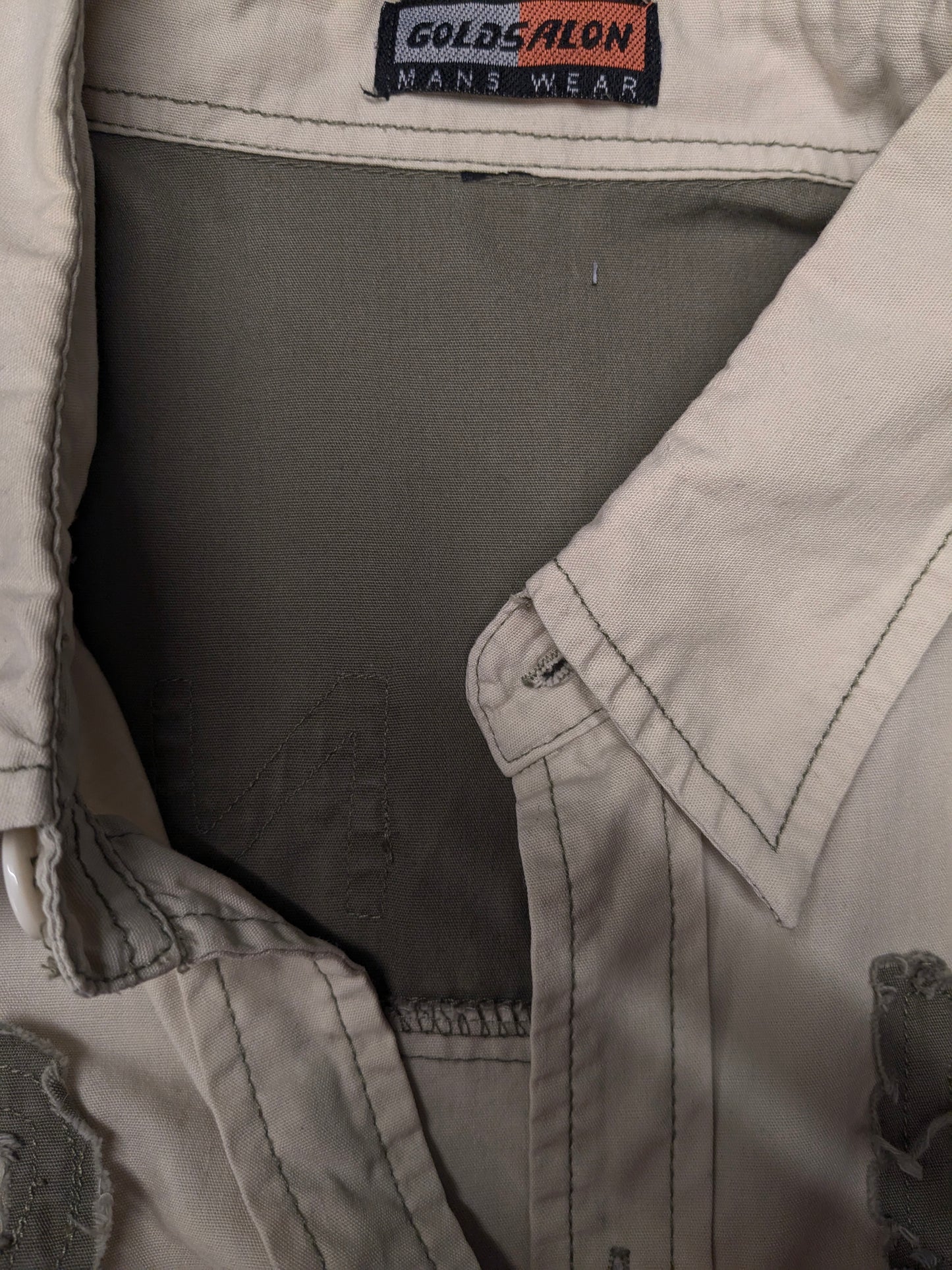 Vintage Man's Wear Goldsalon shirt short sleeve. Beige Green with applications and zippers. Size M.