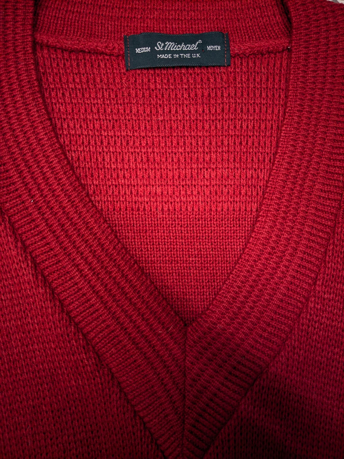 Vintage st. Michael trui met V-Hals. Rood Blauw gekleurd. Maat L.