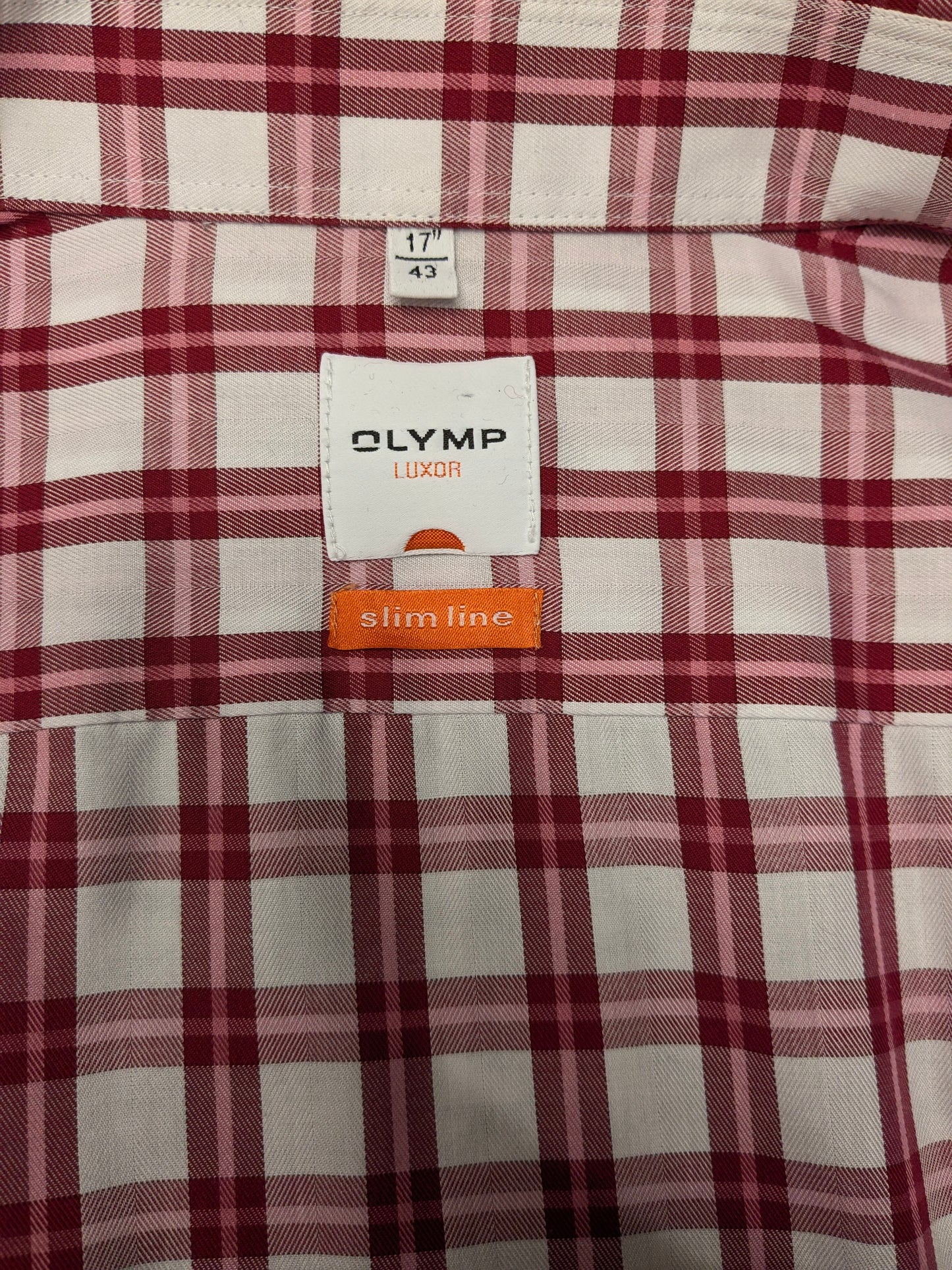 Olymp Luxor shirt. Red Pink White checked. Size 43 / XL. slim line.